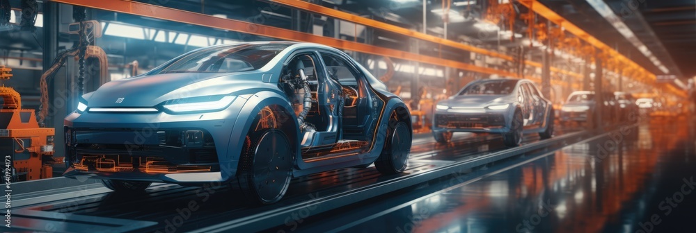 Futuristic electric cars production line, Automated robotics, Industry manufacture concept.