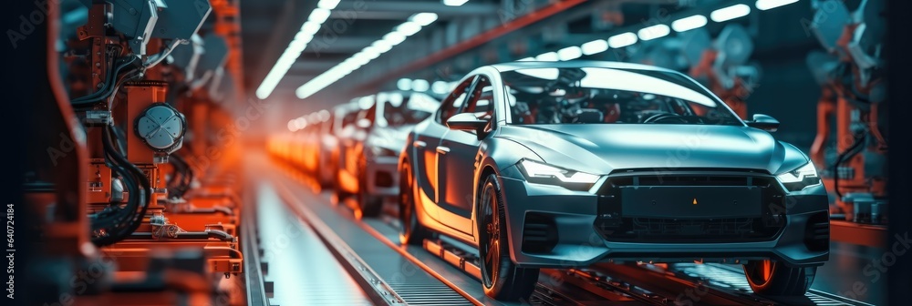 Futuristic electric cars production line, Automated robotics, Industry manufacture concept.