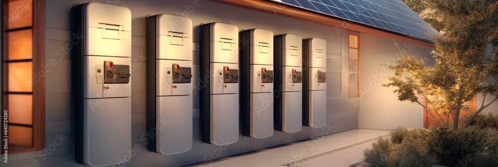 Sustainable energy concept, Battery packs alternative electric energy storage system at home.