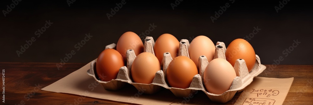 Fresh eggs in cardboard package on wooden table.