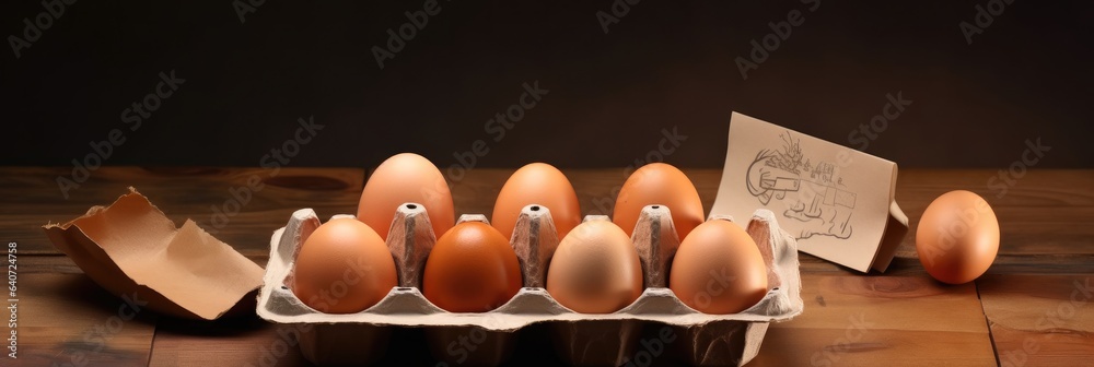 Fresh eggs in cardboard package on wooden table.