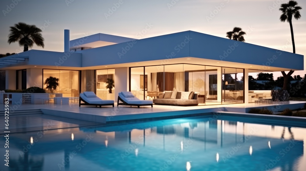 Modern Minimalist Villa with swimming pool at sunset.