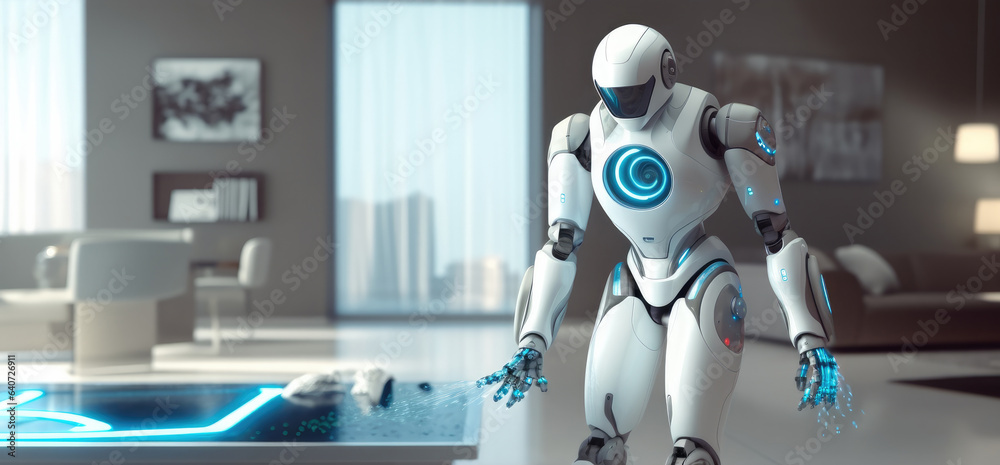 Housekeeping robot maid working with a vacuum machine, Technology concepts.