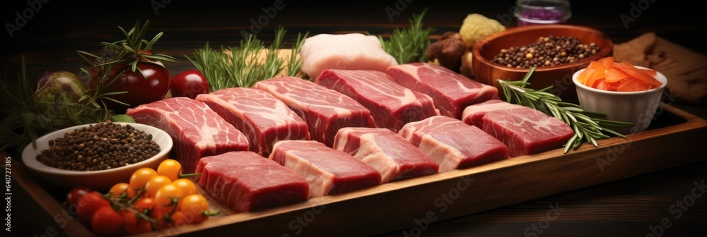 Raw steak on a wooden Board on a table prepared for the grill.