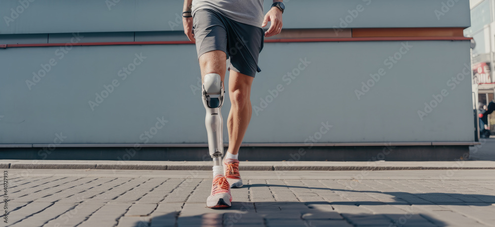 Young man with prosthetic leg walking along the street, Modern technology in prosthetic leg for disa