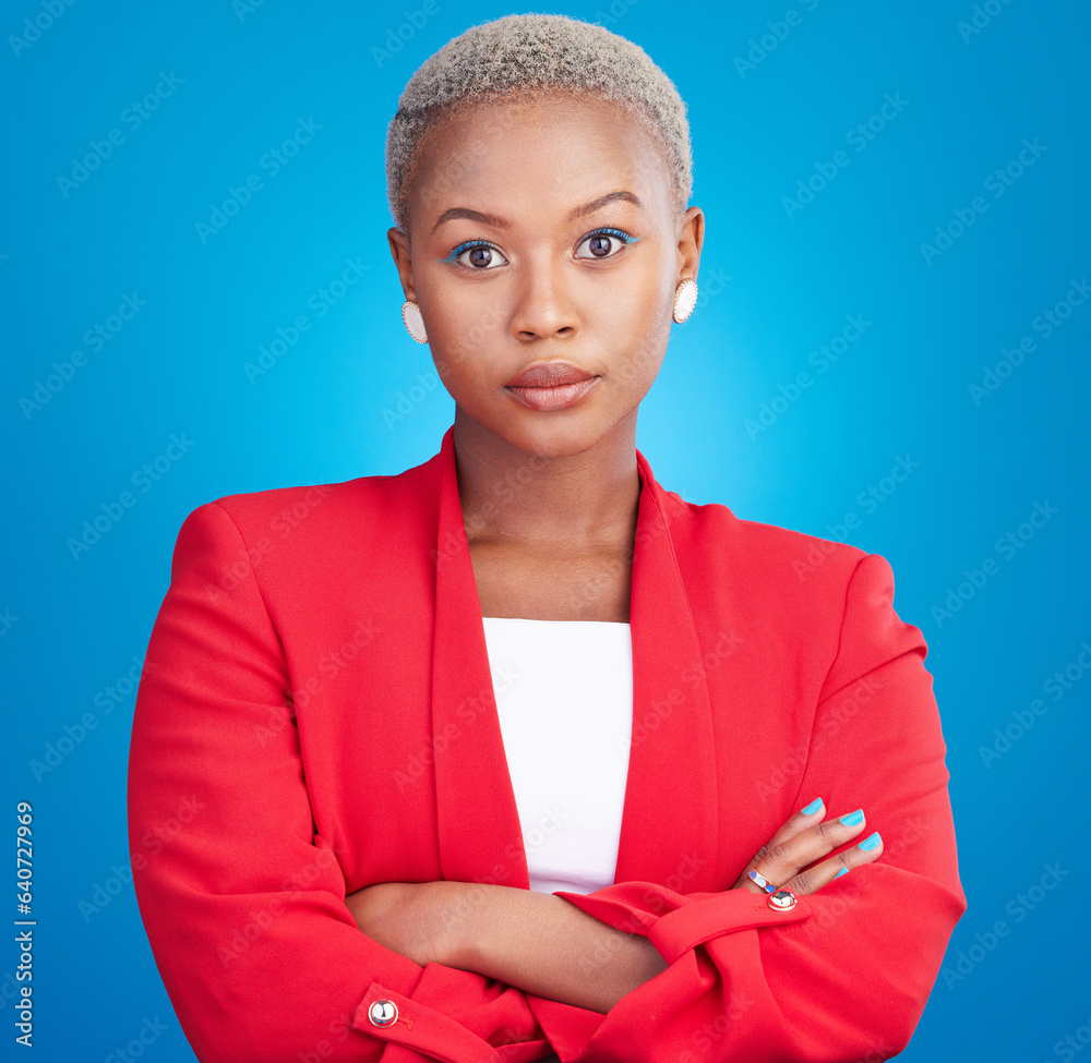 Beauty, crossed arms and serious black woman in a studio with cosmetic, self care and facial routine