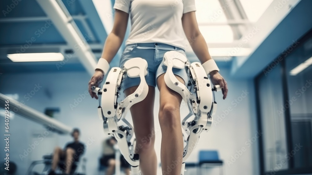 woman getting physical therapy on a robot machine to recover movement on her legs at the hospital.