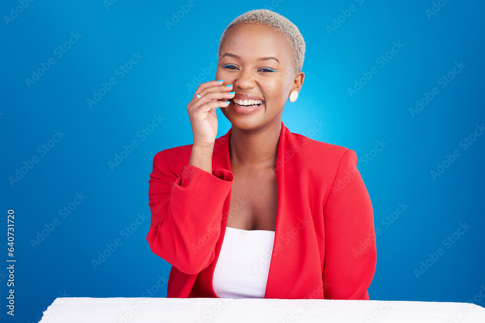 Beauty, laugh and portrait of black woman in a studio with cosmetic, glamour and face routine. Happy