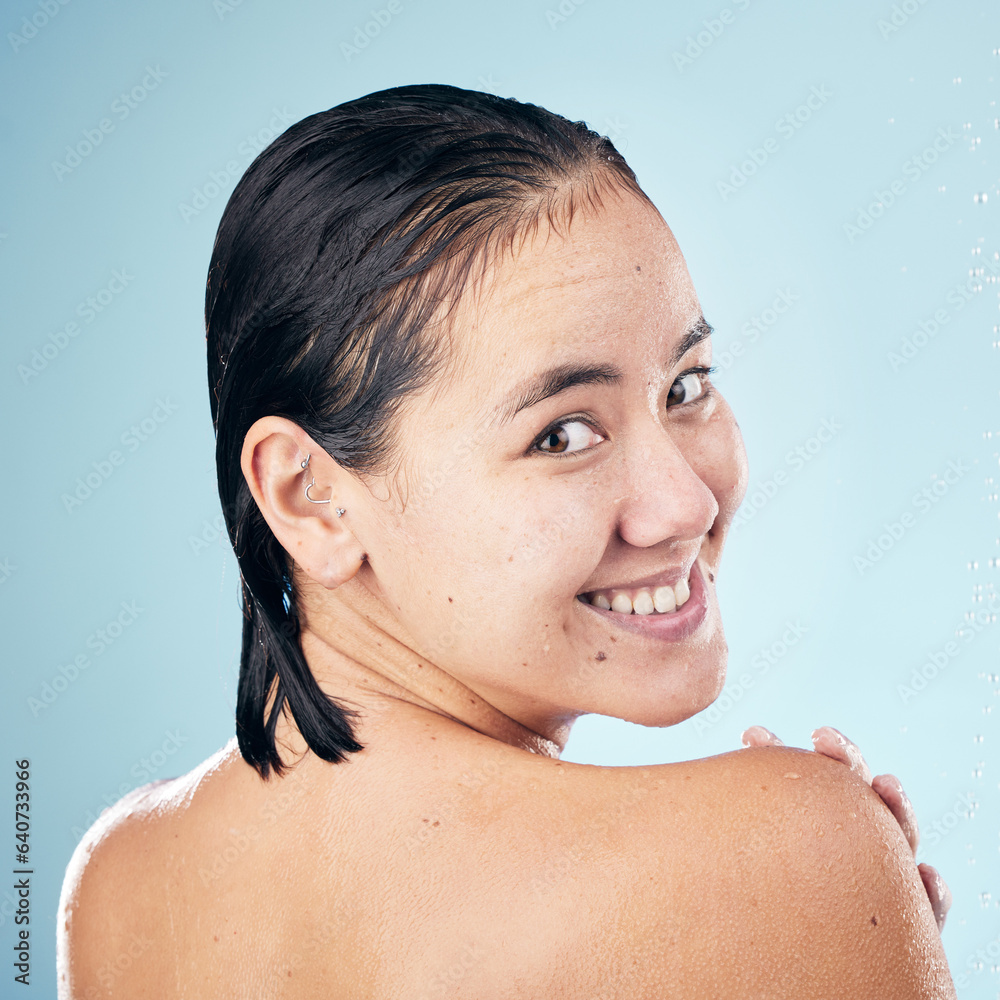 Shower, portrait or happy woman cleaning back, hair or body for wellness in studio on blue backgroun