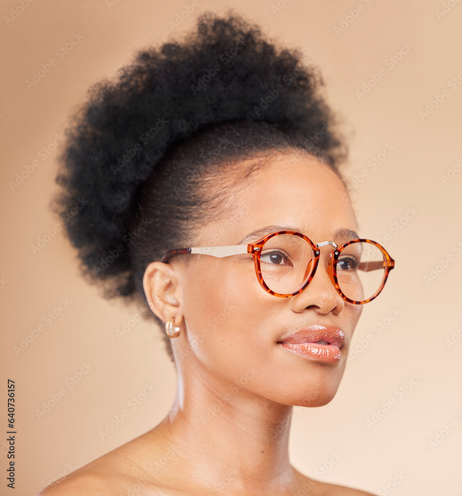 Thinking, beauty and black woman in studio with glasses, idea or pose for natural cosmetics on brown