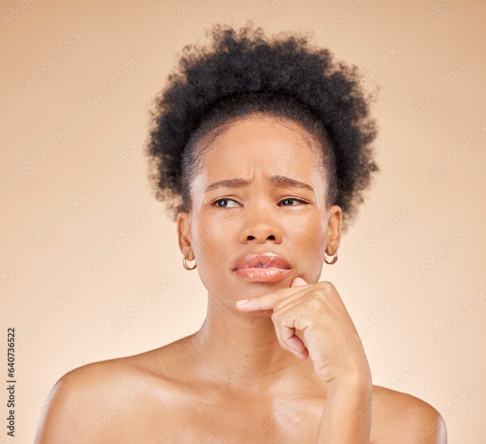 Skincare, choice and black woman in thinking in studio with choice, question or why on brown backgro