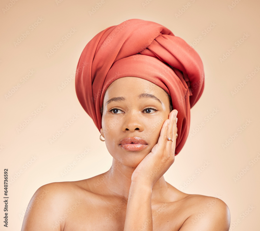 Thinking, beauty and black woman in studio with hair scarf, idea or natural cosmetic questions on br