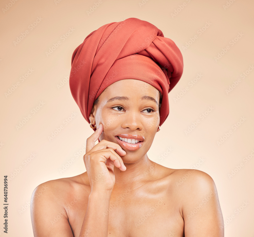 Beauty, thinking and black woman in studio with hair scarf, idea or smile for natural cosmetics on b