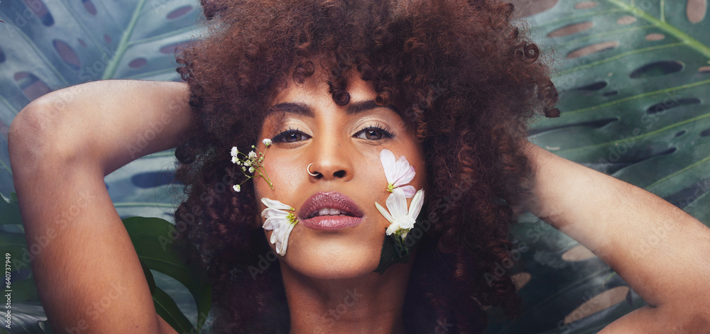 Black woman, skincare and portrait with flowers for beauty, creative art or eco friendly cosmetics f