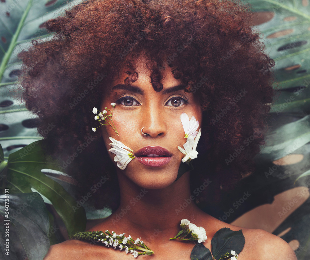 Flowers, art and portrait of black woman with beauty, skincare and creative or eco friendly cosmetic