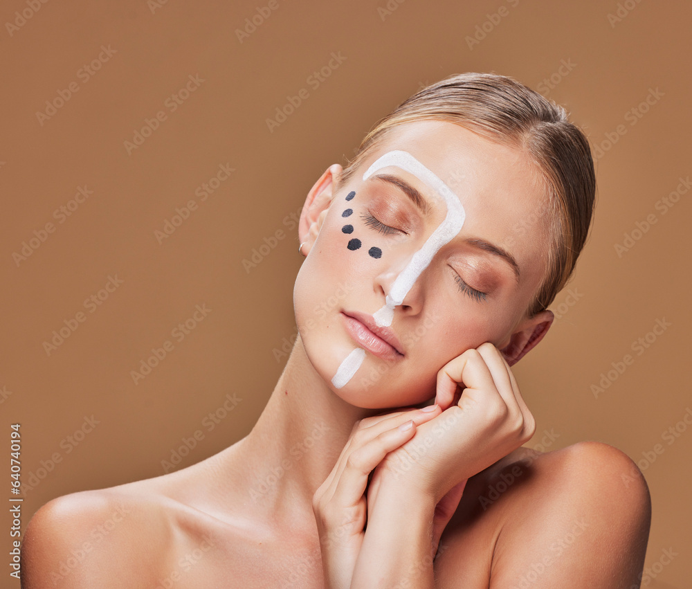 Art, makeup and young woman in studio with creative, beauty and abstract face aesthetic. Cosmetic, d