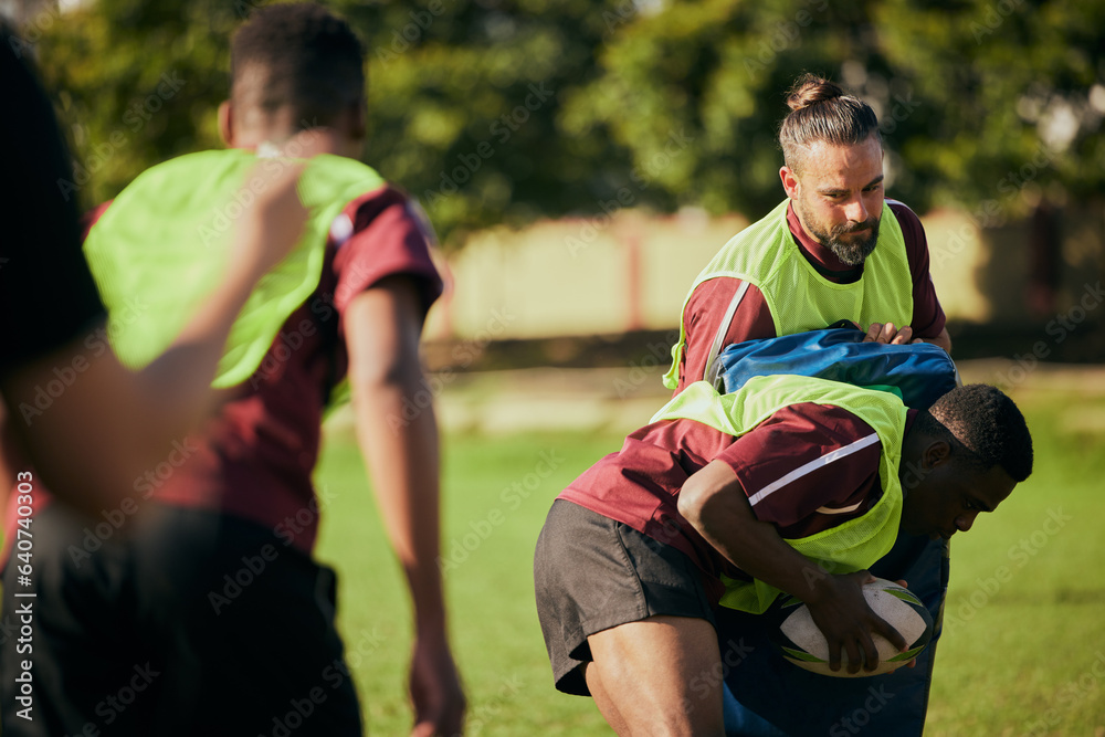 Sports, team and men in field for rugby training, workout and exercise on grass field for competitio