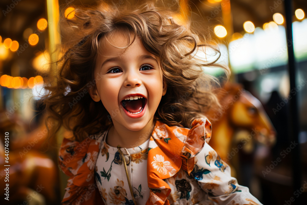 Charming girl, astonished expression, riding brightly lit carousel - a candid moment full of joy and