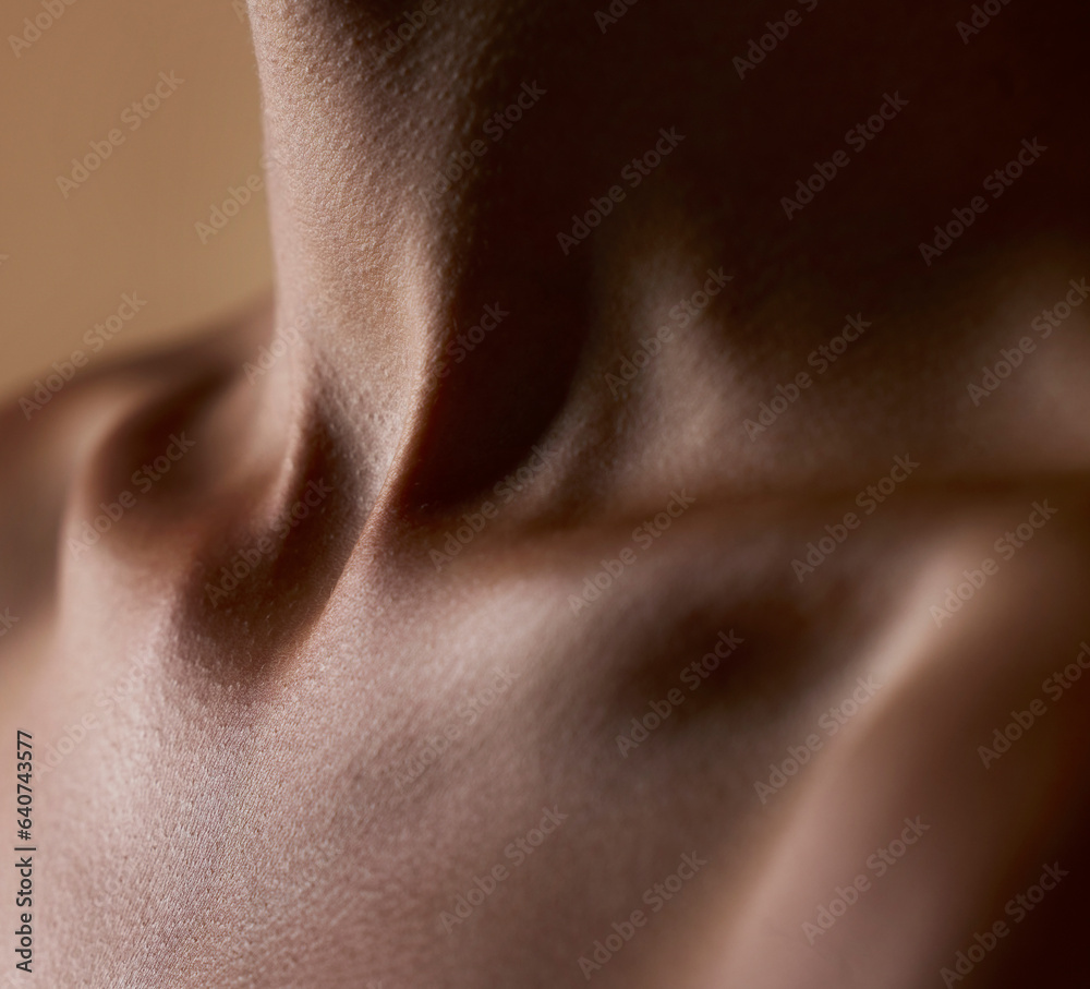 Skincare, beauty and closeup with neck of person in studio for health, textures and cosmetics. Welln