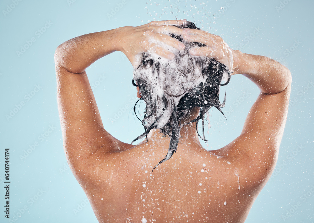 Hair shampoo, cleaning and back of woman in shower in studio isolated on blue background. Water spla