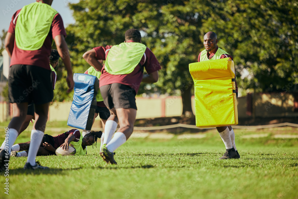 Sports, team and men for rugby training, workout and exercise on grass field for competition. Fitnes