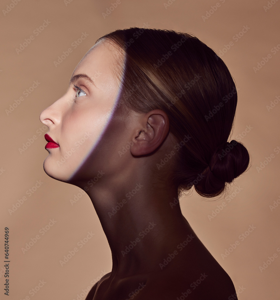 Spotlight, profile or model in shadow with beauty and creative aesthetic in studio background. Light