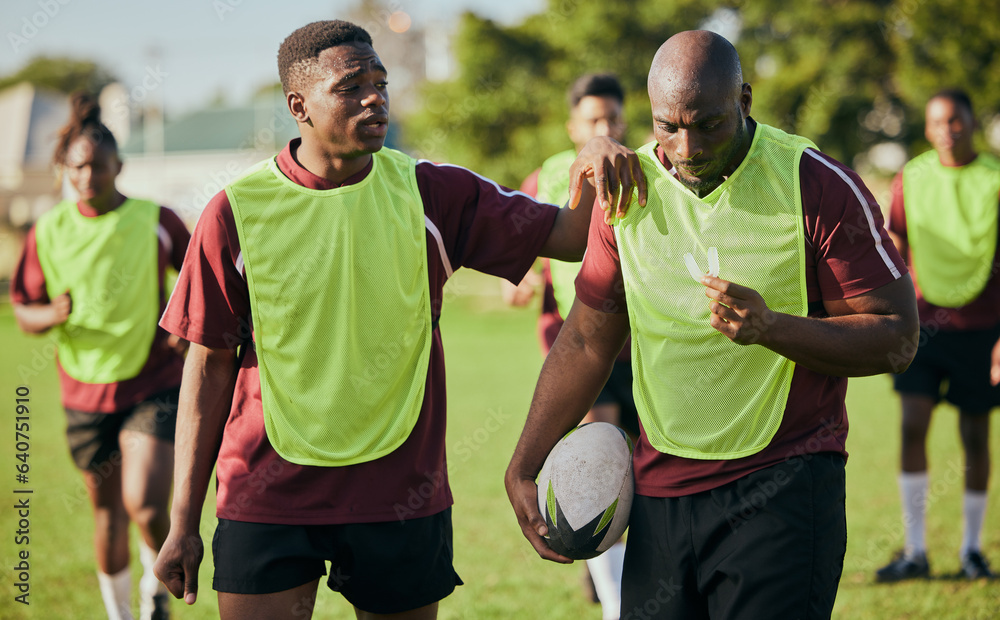 Sports, fitness and men for rugby training, workout and exercise on grass field for competition. Tea