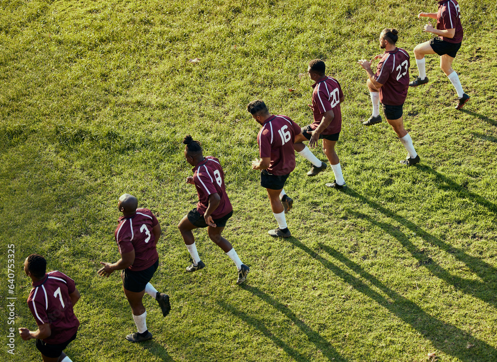 Sports, team and men in field for training, workout and exercise on grass for rugby competition. Fit