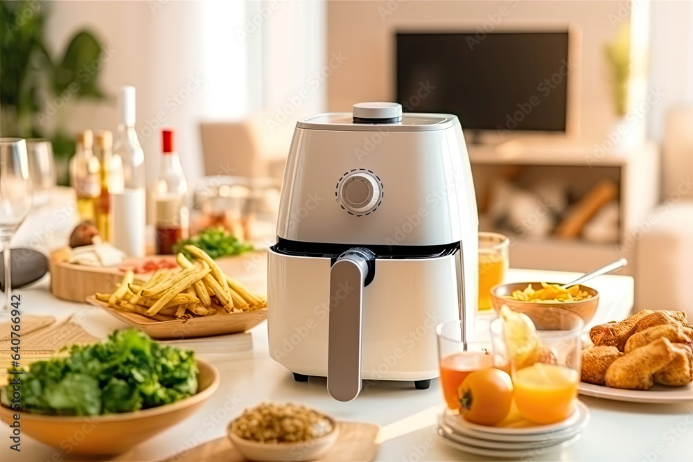 air fryer appliance is on white marble table in nice interior design kitchen dinning room of house. 