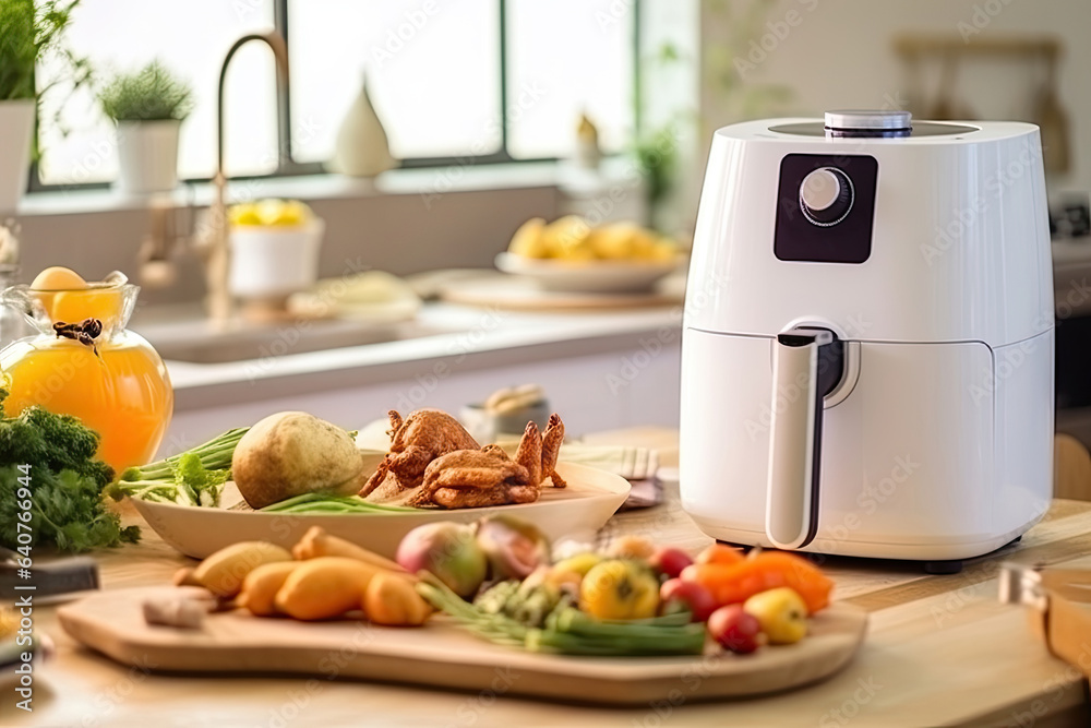 air fryer appliance is on white marble table in nice interior design kitchen dinning room of house. 