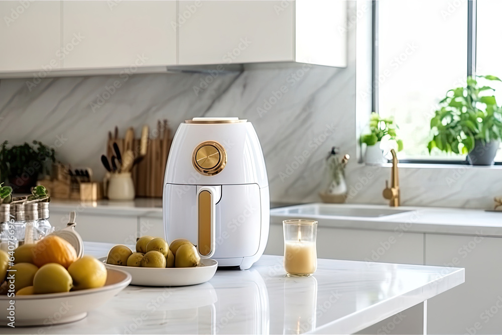 air fryer appliance is on white marble table in nice interior design kitchen dinning room of house. 