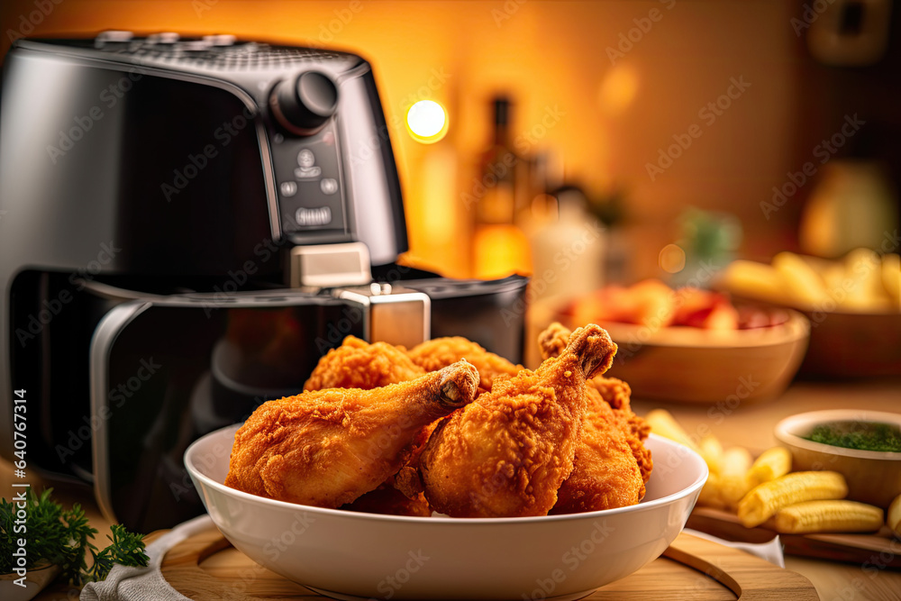 Air fryer with fried breaded chicken on the table in the kitchen. Generative Ai