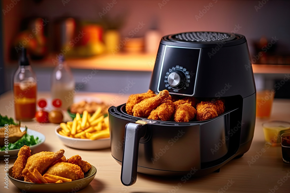 Air fryer with fried breaded chicken on the table in the kitchen. Generative Ai