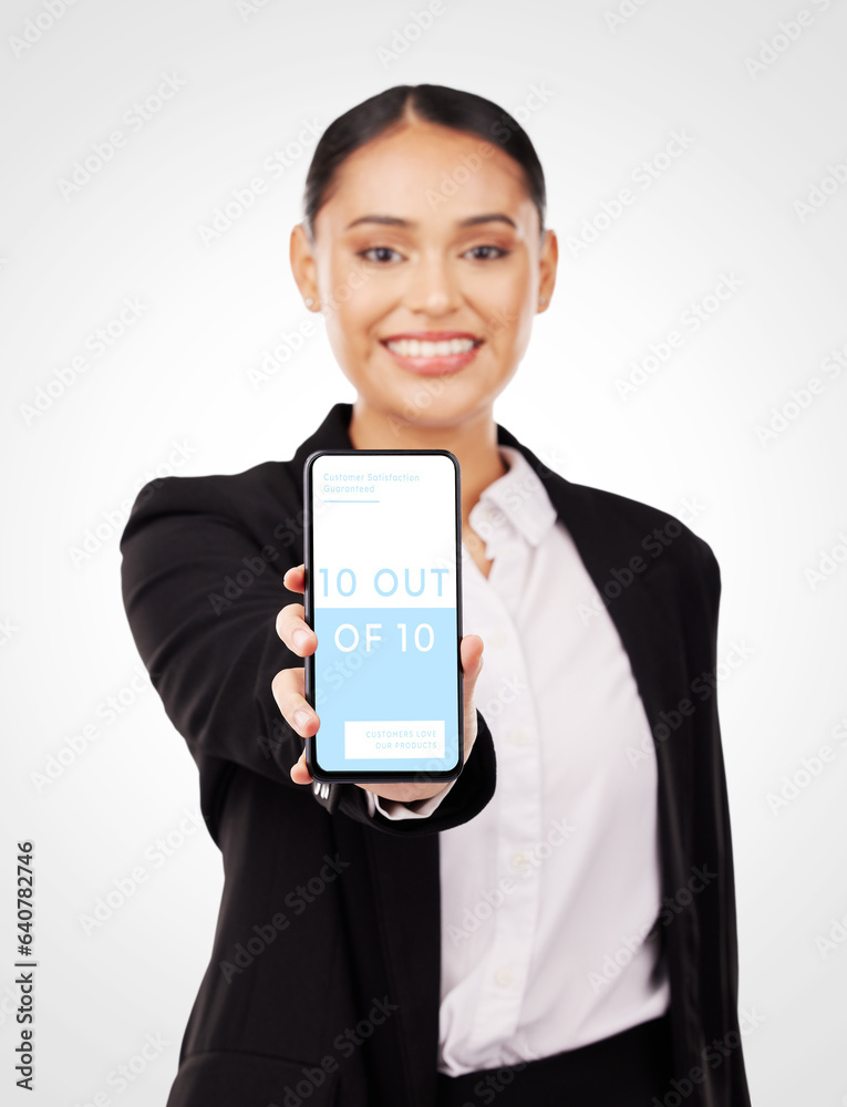 Happy woman, phone screen and feedback in customer service, product or rating against a studio backg