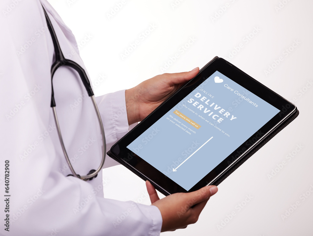 Doctor, hands and tablet screen in Telehealth, healthcare or delivery service for online consultatio