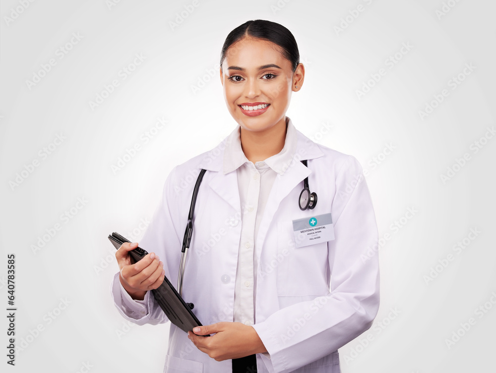 Happy woman, doctor and portrait with tablet in healthcare research or online advice against a studi