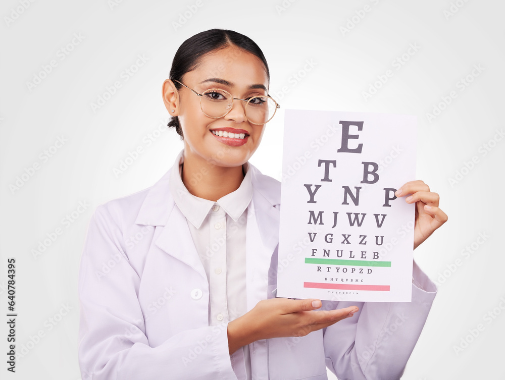 Woman, portrait and chart in eye exam, letter or vision of optometrist in healthcare or sight agains