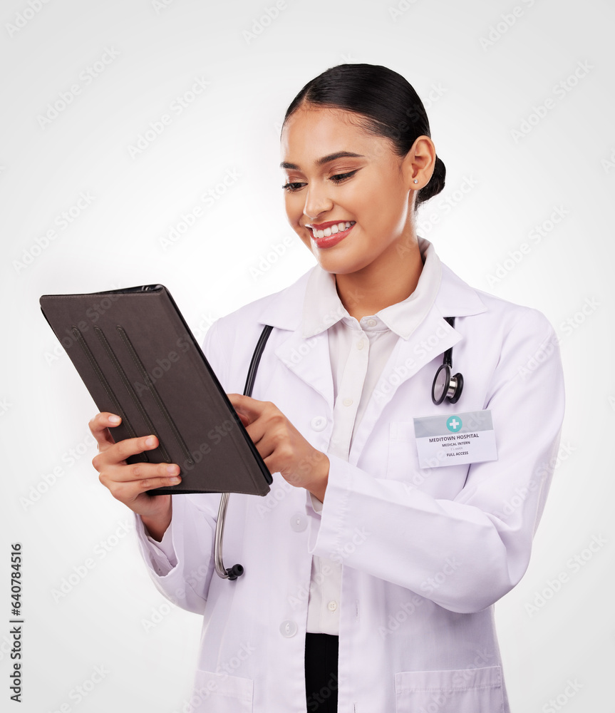 Happy woman, doctor and tablet in medical research, communication or Telehealth against a studio bac