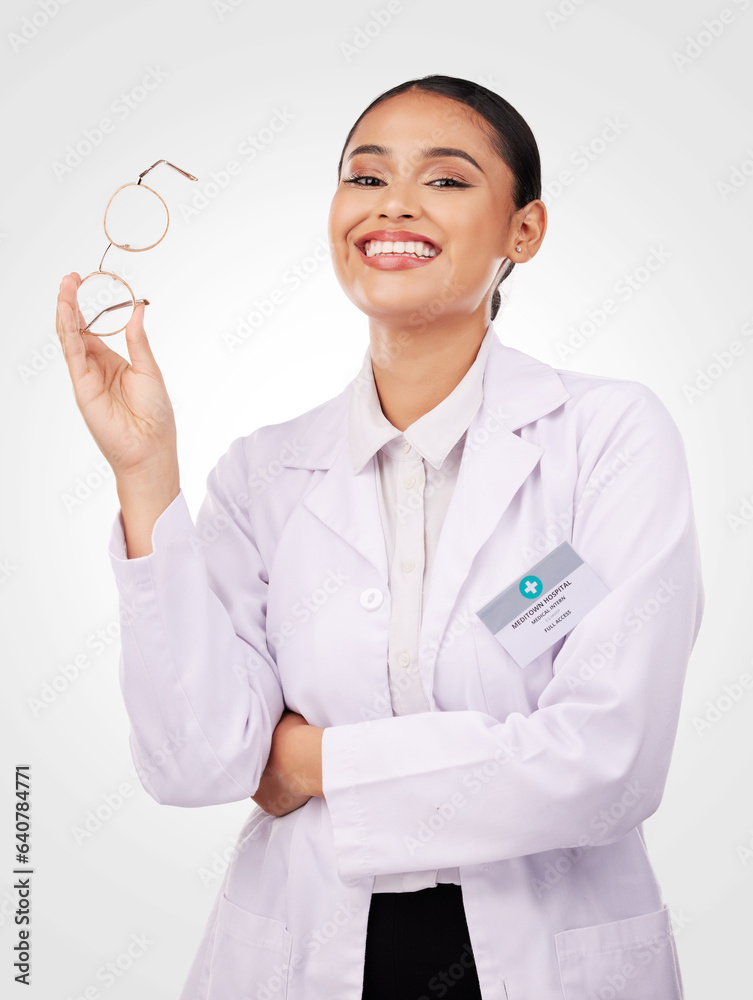 Woman, glasses in portrait and smile of optician in studio isolated on a white background. Happy fac