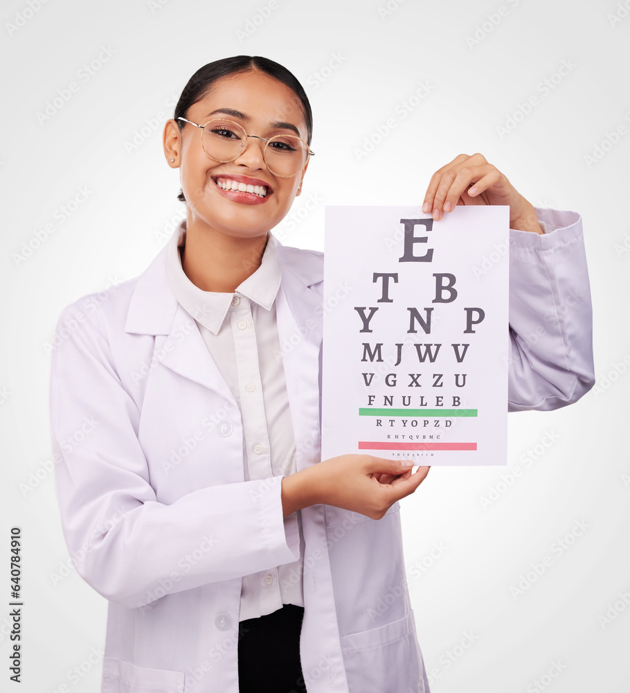 Eye exam, chart and letter, vision and woman in portrait, optometrist and health isolated on white b