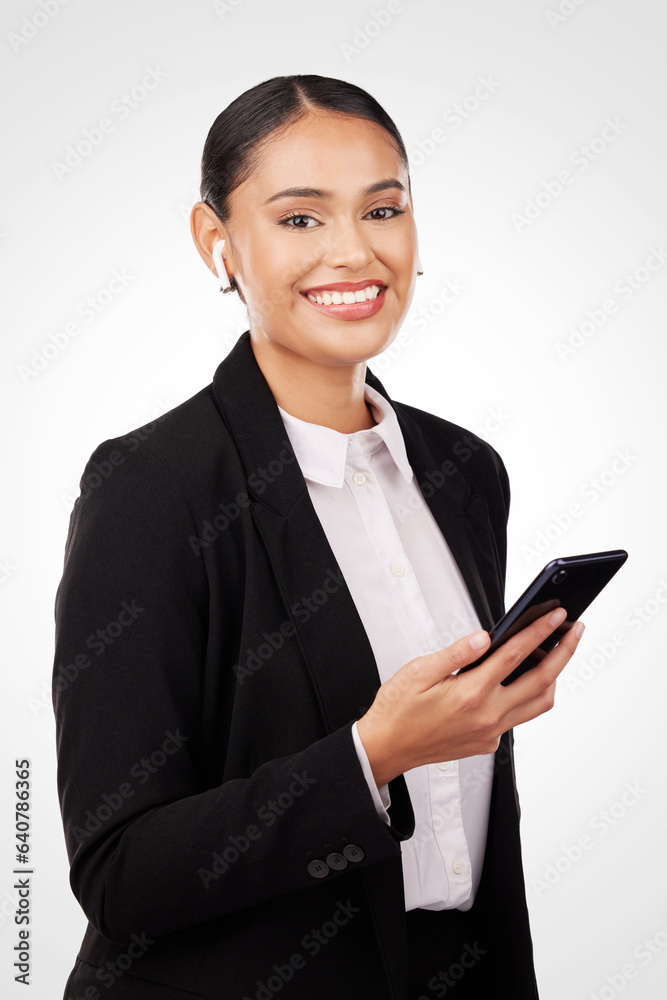 Portrait, phone and earphones with a business woman in studio on a white background for communicatio