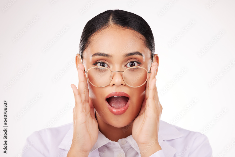 Shock, glasses and portrait of businesswoman in a studio with wow, omg or wtf facial expression. Sur