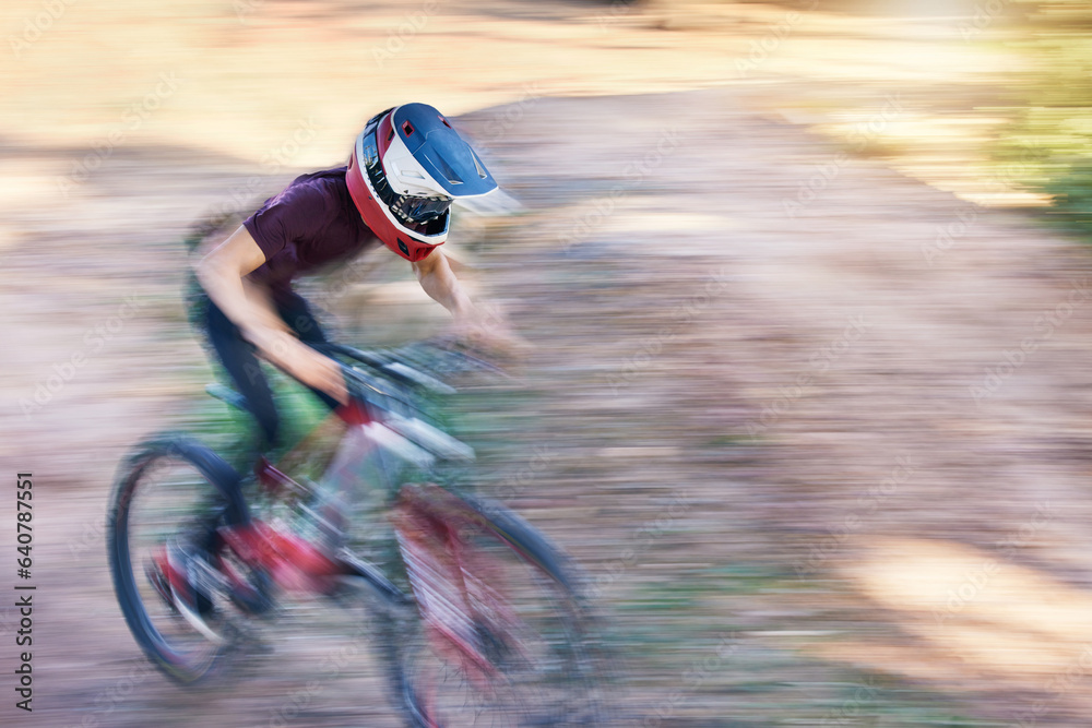 Blurry motion, fitness and man cyclist on bicycle for race, competition or marathon training. Sports