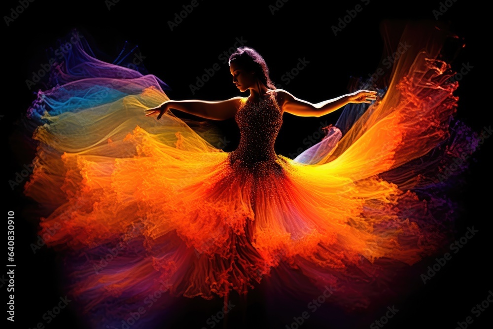 Beautiful ballerina dancing in colorful smoke on black background.. Generated AI