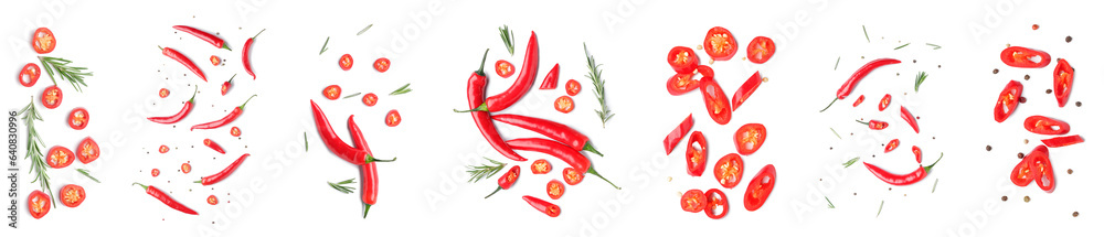 Set of hot chili pepper on white background, top view