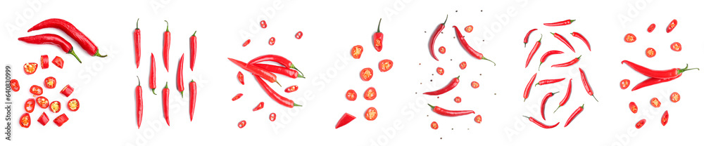 Set of hot chili pepper isolated on white, top view