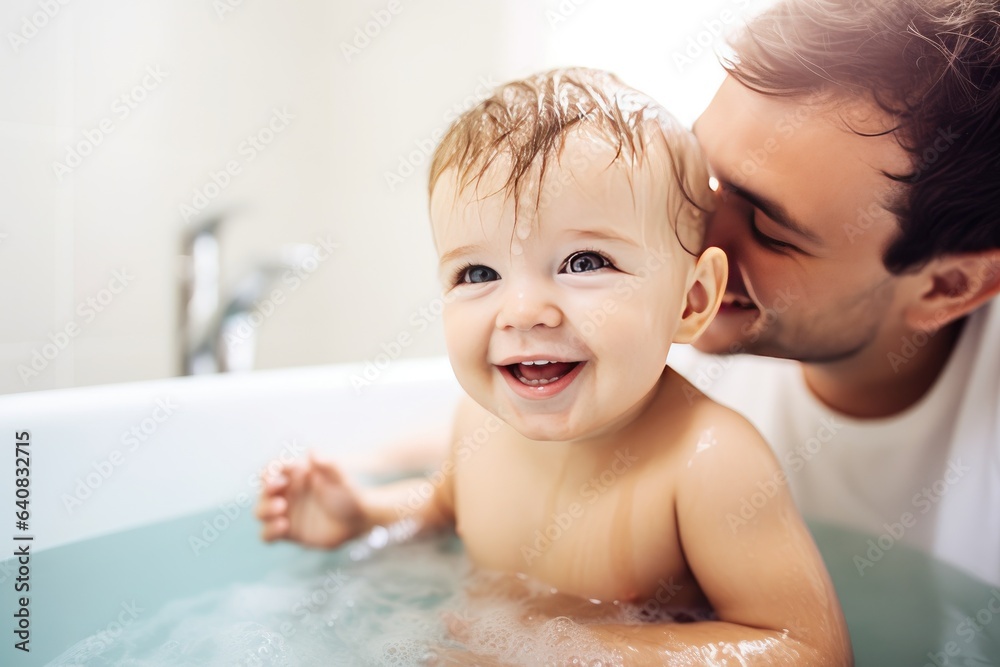 Tender moments in the bath: Fathers love and care. Generative AI