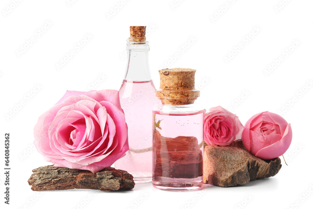 Bottles of cosmetic oil with rose extract and flowers on white background