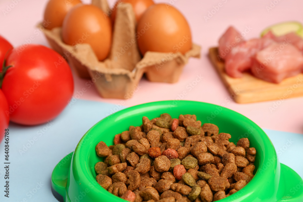 Bowl with dry pet food and natural products on color background, closeup