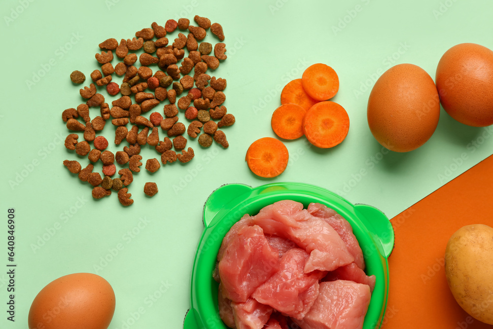 Bowl with raw meat, dry pet food and natural products on color background, closeup